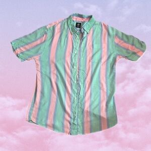 Striped Teal Green and Pink Button-Up Retro Style Shirt
